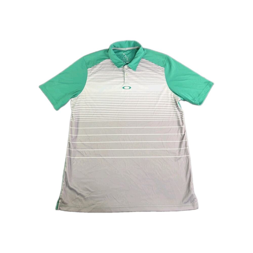 Oakley Hydrolix Sport Golf Polo Shirt Men's Sz M Green Gray Stripe Stretch C39